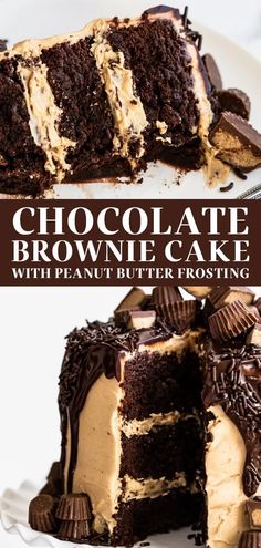 chocolate brownie cake with peanut butter frosting is cut into pieces and served on a white plate