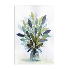 a watercolor painting of leaves in a glass vase