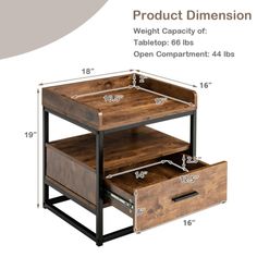 the table has two drawers on each side and one drawer is open to show measurements