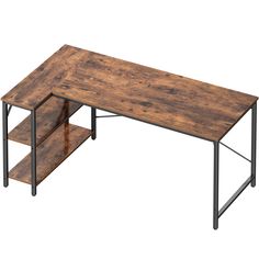 a wooden table with metal legs and shelves on each side, against a white background