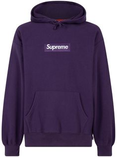 dark purple cotton signature box logo drawstring hood long sleeves front pouch pocket ribbed cuffs and hem When buying this unisex item, keep in mind that it is graded in standard men's sizing. Purple Cotton Sweatshirt With Kangaroo Pocket, Streetwear Purple Hoodie With Double-lined Hood, Purple Hoodie With Kangaroo Pocket For Streetwear, Supreme Box Logo, Surfboard Bag, Purple Hoodie, Surf Outfit, Box Logo, Nudie Jeans