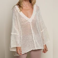 Nwt Open Knit V-Neck Sweater By Pol | Small | Cream The Prefect Addition To Your Sweater Rotation. Open Weave Loose Fit Sweater Top Featuring Low V Neckline With Reverse Stitch Detail On Body And Armhole. Wear On The Shoulder Or Off Shoulder For A Fun And Playful Look. 61 Acrylic | 39 Poly Bohemian Crochet Bell Sleeve Neutral Beachy Vibe Fall V-neck Crochet Top, Bohemian V-neck Summer Sweater, Spring Pointelle Knit V-neck Sweater, V-neck Pointelle Knit Cardigan, Beach V-neck Textured Knit Top, Beach V-neck Knit Cardigan, White Pointelle Knit V-neck Crochet Top, White V-neck Sweater For Beach, White Knit V-neck Sweater For Layering