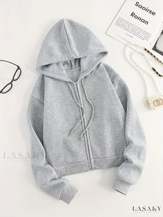 Lasaky - Womens Stylish Hooded Sweatsuit with Zipper, Long Sleeve Crop Jackets for Sport, Gym, and Workout - Solid Color Casual Sportswear, Drawstring Hoodie, Long Sleeve Crop, Crop Sweatshirt, Crop Jacket, Casual Sweatshirt, Cropped Hoodie, Long Sleeve Casual, Free Clothes