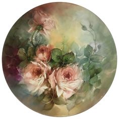 a painting of pink roses and green leaves on a glass plate with watercolor effect