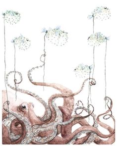 an octopus and some dandelions on a white background