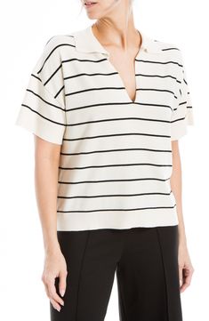 Chic and cozy, this pretty polo sweater is knit in a striped pattern and framed with a Johnny collar. 23" length (size Small) Johnny collar Short sleeves nylon51% rayon, 28% polyester, 21% Machine wash, dry flat Imported Chic Striped Tops With Ribbed Collar, Spring Knit Tops With Horizontal Stripes, Classic V-neck Top With Striped Collar, Striped Top With Ribbed Collar For Work, Striped Tops With Ribbed Collar For Work, Chic Knit Tops With Contrast Stripes, Chic Knit Top With Contrast Stripes, Casual Sweater With Striped Collar For Work, Casual Sweater For Work With Striped Collar