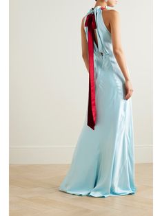 Light blue Michelle velvet-trimmed hammered-silk maxi dress | SALONI | NET-A-PORTER Luxury Satin Finish Formal Gown, Luxury Satin Finish Gown For Formal Occasions, Luxury Silk Formal Gown, Luxury Silk Gown For Formal Occasions, Luxury Wedding Dress With Satin Finish, Luxury Satin Finish Evening Dress For Formal Occasions, Designer Blue Silk Dresses, Blue Satin Finish Evening Dress For Wedding, Blue Evening Dress With Satin Finish For Weddings