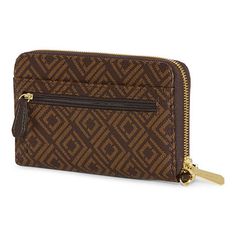 Liz Claiborne's Erica wallet is crafted from pebbled faux leather and gold-tone hardware to elevate the design. This zip-around style has a removable strap, multiple pockets, 12 card slots, and the brand's logo plated at the front.Wallet Type: Zip Around WalletFeatures: Removable StrapsCard Capacity: 12 SlotsClosure Type: Zip AroundPockets: 1 Back Zip Pocket, 3 Inside Multi-Function Pockets, 2 Inside Slip Pockets, 1 Back Slip Pocket, 1 Id Window, 1 Inside Zip PocketMetal Color: Gold ToneMeasurem Rectangular Travel Wallet With Gold-tone Hardware, Rectangular Wallet With Gold-tone Hardware For Daily Use, Rectangular Wallets With Gold-tone Hardware For Daily Use, Travel Coin Purse With Interior Card Slots In Gold, Travel Coin Purse With Card Slots In Gold, Travel Gold Coin Purse With Interior Card Slots, Versatile Brown Wallet With Zipper Closure, Rectangular Wallets With Gold-tone Hardware, Brown Wallets With Gold-tone Hardware For Daily Use