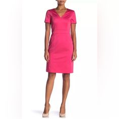 New! Hugo Boss Dasali Sheath Dress Pink Sz 4 Nwt #1 Pink Fitted V-neck Dress With Short Sleeves, Elegant Pink Knee-length V-neck Dress, Elegant Pink Fitted V-neck Dress, Pink Fitted Midi V-neck Dress, Fitted V-neck Dress With Short Sleeves For Office, Fitted V-neck Dress For Work, Fitted Sheath V-neck Workwear Dress, Fitted Sheath V-neck Dress For Office, Fitted Knee-length Pink V-neck Dress