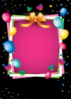 a pink frame with balloons, confetti and a bow on the top is surrounded by confetti