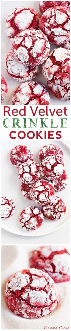 red velvet crinkle cookies on a white plate with text overlay that reads, red velvet crinkle cookies