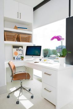 a white desk with a computer on top of it