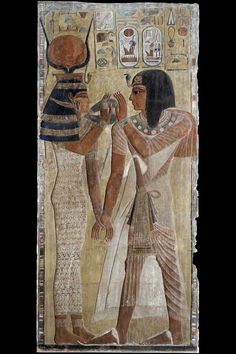 an ancient egyptian painting with two men and one is holding a vase in his hand