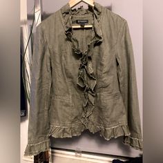 Inc Womens Ruffled Blazer Sz Xs 100% Linen Light Jacket 2 Front Pockets (Closed Never Worn) With Ruffles All Around Very Cute And Casual Olive Green Perfect For Fall Nwot Fall Cotton Outerwear With Ruffles, Spring Workwear Blazer With Ruffles, Spring Blazer With Ruffles For Workwear, Chic Cotton Outerwear With Ruffles, Casual Fitted Outerwear With Ruffles, Spring Ruffled Blazer For Work, Fitted Blazer With Ruffles For Spring, Casual Ruffled Outerwear For Fall, Fitted Spring Outerwear With Ruffles