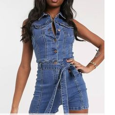 New W/ Tags Asos Size: 2 Thick Denim Material Fitted Denim Overall Vest In Casual Style, Denim Blue High-waist Fitted Denim Vest, Fitted Mid-rise Light Wash Denim Jumpsuit, Fitted High Waist Denim Vest, Fitted High-waist Denim Blue Vest, High Waist Dark Wash Denim Vest For Summer, Spring Denim Blue Overall Vest, High Waist Blue Denim Vest For Spring, Fitted Mid-rise Denim Jumpsuit