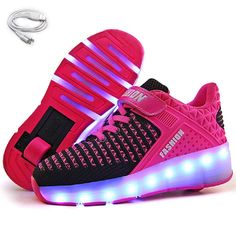 a pair of pink and black sneakers with led lights on the soles are shown