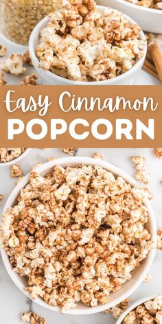 easy cinnamon pop corn recipe in white bowls