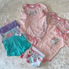 Girls Lot Of Clothing Includes: 1 - Nwot Tahari Baby Pink Onesies, Set Of 3 *Size: 24 Months 1 - Nwt Children’s Place Lounge Shorts With Ruffle Accents, Set Of 3 *Size: 18-24 Months *Hangers Not Included To Save On Shipping Costs 1 - Nwt Children’s Place Pink Pearl 6-Pack Socks *Size: 12-18 Months Pink Bedtime Sets For Spring, Pink Spring Bedtime Sets, Pink Spring Sleepover Sets, Cute Pink Playtime Sets, Pink Cotton Playwear Sets, Playful Pink Sleepover Sets, Playful Pink Bedtime Sets, Cute Cotton Sets For Daycare, Fav Products