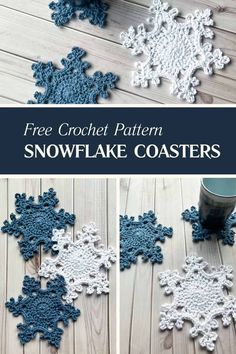 crocheted snowflake coasters with text overlay that says free crochet pattern