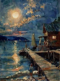 a painting of people on a dock at night