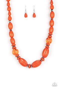 Product Description Varying in size and shape, a hearty collection of glassy, hammered, and polished orange beads are threaded along an invisible wire below the collar. Dainty silver beads and discs are sprinkled along the colorful collaboration for a shimmery finish. Features an adjustable clasp closure. Sold as one individual necklace. Includes one pair of matching earrings. This piece was featured as part of our Fall Training during Unwritten. Orange Necklace, Silver Bead Necklace, Paparazzi Accessories, Paparazzi Jewelry, Chic Accessories, Silver Accents, Necklace Earring Set, Faceted Bead, Matching Earrings