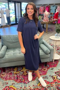 Everyone needs at least one color of our AMIRA T-Shirt Midi Dress! It is perfect to dress up or dress down. You cannot go wrong with its stretchy, breathable material and its level of comfort is unmatched! It runs true to size with a good bit of stretch. Model is wearing a small. Wash separately. Hang to dry. No bleach. Material: 82% Modal, 18% Polyester Small 2/4 Medium 6/8 Large 10/12 Maxi With Sneakers, Blue T Shirt Dress, Tshirt Dress Outfit, T Shirt Midi Dress, Midi Dress Navy, Shirt Dress Outfit, Navy Blue T Shirt, Navy Midi Dress, Blue Maxi