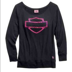 (New W/ Tags) Harley-Davidson Women's Pink Label Collection Long Sleeve Shirt Features & Details: 95% Rayon, 5% Spandex Baby French Terry Wide Neck Sequin Graphics On Front Pink Label Collection Discontinued Genuine Harley-Davidson Merchandise. Harley Davidson Party, Harley Davidson Style, Harley Davidson Merchandise, Harley Davidson Fat Bob, Harley Davidson Signs, Harley Davidson Iron 883, Harley Davidson Art, Harley Davidson Model, Harley Davidson V Rod