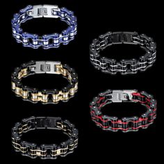 Biker Proud™ motorcycle chain bracelet in combos of gold, silver, black or blue • Metal type - 316 L stainless steel• Double safety clasp• Environnemental - lead & nickel free (100% allergy free)• Width 1.6 cm (.62 in), Length: 22 cm (8.66 in)• Weight: 116 g (4.14 oz) Delivery: 1-4 weeksThis product ships to you directly from our US or overseas supplier Black Chain Link Bracelet, Black Chain Link Jewelry For Streetwear, Black Link Jewelry For Streetwear, Black Metal Biker Jewelry, Biker Style Black Metal Jewelry, Black Biker Style Bracelets For Biker Events, Black Metal Jewelry For Biker Events, Biker Style Chain Jewelry For Biker Events, Motorcycle Chain Bracelet