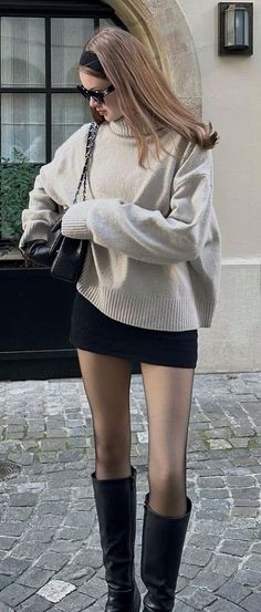 Cosy Dinner Outfit, Outfit With Black Boots Ankle, Skater Skirt Fall Outfit, Old Money Outfits With Boots, Preppy Paris Outfits, Jumpers And Skirts Outfit, Dark Plaid Skirt Outfit, Off Shoulder Sweater Dress Outfit, Fall Outfit Skirt Boots