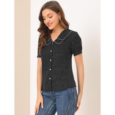 This vintage shirt with a Peter Pan collar and polka dot design adds to the beauty and charm of a woman. Polka dots and a Peter Pan collar bring casual romance to this puff-sleeve shirt. Suitable for daily casual, weekend gatherings, dating, office, and work. It is perfectly paired with jeans or skirts for a retro and chic look. A puff sleeve and embroidered decor add ebullient charm to this polka-dot top. Puff sleeves instantly elevate this retro shirt and make it a sophisticated choice for day Polka Dot Collared Summer Tops, Summer Polka Dot Collared Tops, Trendy Polka Dot Short Sleeve Tops, Retro Polka Dot Short Sleeve Blouse, Trendy Short Sleeve Tops With Polka Dot Pattern, Retro Polka Dot Collared Tops, Casual Polka Dot Collared Blouse, Polka Dot Collared Top For Spring, Casual Collared Blouse With Polka Dot Pattern