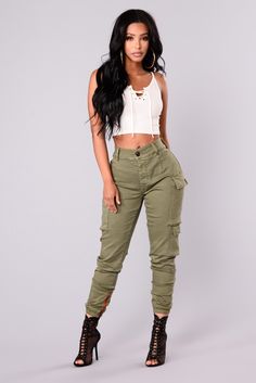 Available in Olive Mid Rise Cargo Pants With Button Fly Full Stretch 3 Pockets Stretch Elastic Ankle Inner Side Zipper 65% Cotton 33% Rayon 2% Spandex Imported  | Kalley Cargo Pants in Olive Green size 3X by Fashion Nova Olive Cargo Pants Outfit, Olive Green Pants Outfit, Cargo Pants Women Outfit, Green Cargo Pants Outfit, Army Cargo Pants, Green Pants Outfit, Celana Kargo, Olive Green Cargo Pants, Cargo Pants Outfit Women