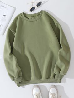 Army Green Casual  Long Sleeve Polyester Plain Pullovers Embellished Slight Stretch Fall/Winter Women Sweatshirts Alledaagse Outfit, Chic Fall Fashion, Cărți Harry Potter, Loose Top, Round Neck Sweatshirts, Cardigan Long, Women Sweater, Round Neck Sweaters, Loose Tops