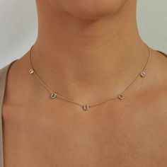 14K Gold Emerald Cut Sapphire Station Necklace – Baby Gold Neck Stack, In Aesthetic, Station Necklace, Rose Gold Necklace, Metal Necklaces, Necklace Sizes, Personalized Necklace, Emerald Cut, Cable Chain