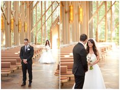 a bride and groom standing in front of the alter at their wedding ceremony with sunlight streaming through the windows