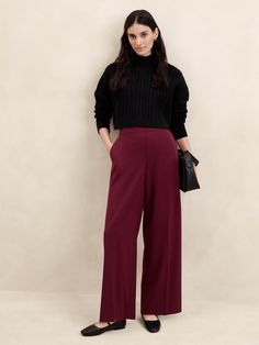 Hayden Wide-Leg Pant | Banana Republic Factory Wide Leg Trousers With Flats, Pull On Wide Leg Pants Outfit, Funky Workwear, Burgundy Pants Outfit Work, Wide Leg Pants Outfit Dressy, Business Casual Dinner Outfit, Pants Outfit Dressy, Burgundy Pants Outfit, Wide Leg Pant Outfit