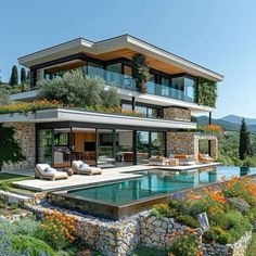 a large house with a pool in front of it and flowers growing on the roof