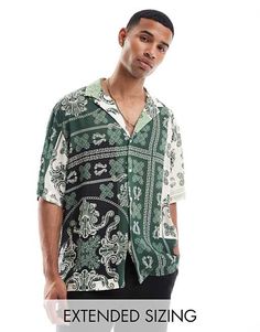 ASOS DESIGN oversized shirt in green paisley bandana print | ASOS Trendy Green Printed Shirt, Casual Green Shirt With All Over Print, Casual Patterned Shirt For Streetwear, Green Printed Shirt For Streetwear, Green Collared Shirt With All Over Print, Oversized Patterned Casual Tops, Green Collared Top With All Over Print, Casual Bandana Print Patterned Tops, Casual Patterned Top With Bandana Print