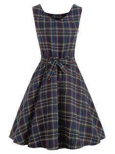 Vintage Tartan Mid Swing Dress - Cadetblue - 3W07963522 - Women's Clothing  #WomensClothing #Women's #Clothing Vestidos Sport, Vintage Dresses Cheap, Tartan Dress, Kids Swimwear, Polyester Dress, Dress Gift, Style Dresses, Plaid Dress, Dress Vintage