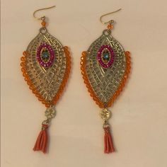 Beautiful Never Worn Drop Crystal Orange, Pink And Turquoise Colored Stone In The Middle. Such Gorgeous Detail With Small Tassel On The Bottom. Colored Stone, Earrings Color, Turquoise Color, Tassel Earrings, Orange Pink, In The Middle, Color Orange, The Middle, Orange Color