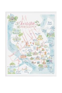 a watercolor map of charleston, with the names and locations in red on it