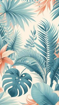 a wallpaper with tropical leaves and flowers in blue, pink, orange and white colors