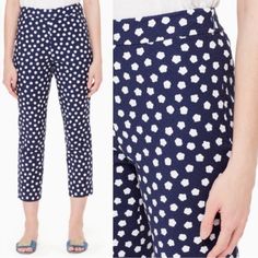 Brand: Kate Spade New York Item/Type: California Dreaming Cloud Dot Jacquard Pants Condition: Nwt Color/Print: Navy Blue And White Cloud Dot Print Jacquard Size: 14 Approximate Measurements, Flat Lay: Waist-17", Rise-12", Inseam-26" Details: Flat Front, Cropped Length, High Rise, Side Zip, Unlined Made From: 98% Cotton, 2% Elastane Care: Dry Clean Known Flaws: None Spring Polka Dot Cotton Pants, Spring Polka Dot Bottoms With Pockets, Polka Dot Bottoms For Workwear, Summer Fitted Polka Dot Bottoms, Spring Polka Dot Trousers, Polka Dot Trousers For Spring, Spring Polka Dot Long Pants, Polka Dot Fitted Bottoms For Work, Polka Dot Fitted Bottoms For Workwear