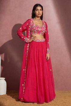 Shop for Aneesh Agarwaal Fuchsia Soft Organza Embroidered Cape Lehenga Set for Women Online at Aza Fashions Indowestern Lehenga, Mehandi Outfits, Organza Cape, Cape Skirt, Cape Lehenga, Long Blouse Designs, Lehenga Designs Simple, Cape Jacket, Traditional Indian Outfits