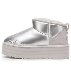 (WMNS) UGG Ultra Mini Platform High Shine 'Silver' 1144048-SLVR Silver Uggs, Ugg Ultra Mini Platform, Ugg Ultra Mini, Stylish Sneakers, Shinee, Perfect Pair, Sneakers, Silver