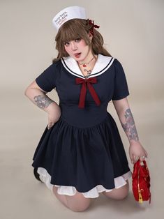 Get ready to set sail in style with our plus-size blue sailor collar basque waist summer dress. This stunning dress features a classic sailor collar and a flattering basque waist design, perfect for accentuating your curves. The vibrant blue color is perfect for the summer season. Made from high-quality materials, this dress is a must-have for any kawaii fashion lover.   Please note that this product includes only the dress.  Garment Size   	 		 			Size 			XL 			2XL 			3XL 			4XL 		 		 			Bust 			96 			104 			112 			120 		 		 			Full Length 			88 			89 			90 			91 		 		 			Shoulders 			35 			37 			39 			41 		 		 			Sleeve Length 			27 			27 			28 			28 Sailor Style Short Sleeve Fitted Dress, Fitted Sailor Dress With Short Sleeves, Blue Fitted Dress With Sailor Collar, Blue Sailor Dress With Sailor Collar, Navy Fitted Dress With Sailor Collar, Japanese Sailor Uniform, Plus Size Kawaii, Puff Sleeves Blouse, Basque Waist