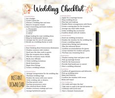 the wedding checklist is shown with a pen next to it on a marble background