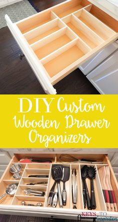 an open drawer with utensils in it and the words diy custom wooden drawer organizer