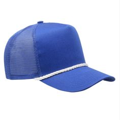 Blue trucker hat with white rope Great quality blank hat for heat transfer patches, embroidery, and DTF 5-Panel, 3 3/4" Structured Crown Heavy Cotton Twill Front Heavy Mesh Back Snap Closure Blue Trucker Hat, Patches Embroidery, Blank Hats, White Rope, Bulk Order, Trucker Cap, One Size Fits All, Snap Closure, Cotton Twill