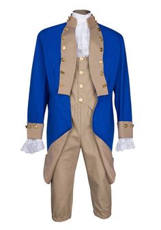 "Includes: military frock coat with trim and metal buttons, contrasting waistcoat (vest), white lace trimmed colonial jabot with matching cuffs and colonial knee breaches (knickers). Not included, but a must for any colonial general: men's colonial socks, colonial shoe buckles, white dress gloves and colonial tricorne hat. Our adult famous people costumes are built to last and can be used for many different people and periods throughout history. With our Heritage line of historical clothing, we Famous People Costumes, White Dress Gloves, Patriotic Costumes, Alexander Hamilton, Dress Gloves, Historical Costume, Military Inspired, Military Uniform, Inspired Fashion