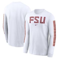 Show your Florida State Seminoles pride with this Nike Local Spirit Slogan Long Sleeve T-Shirt. Soft cotton fabric provides continuous comfort, while the team script and logo printed at the center chest let everyone know who you cheer for. Patterned sleeves in team colors add a final touch of fandom to this spirited tee. Show off your Seminoles pride with this comfortable and stylish long-sleeve tee, perfect for any Florida State fan. Nike Collegiate Long Sleeve T-shirt, Game Day Jersey Top With Sublimation Print, Jersey Top With Sublimation Print For Game Day, White Nike T-shirt For Game Day, Nike Long Sleeve Fan Gear Top, Fan Gear Team-colored Tops With Sublimation Print, Nike Pre-shrunk Sports Fan Top, Nike Sports Fan Top, White Fan Apparel Top With Sublimation Print